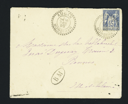 Augan : n°90 OBL CAD perlé B2 "Augan Morbihan" (1899) + "BM" dans un ovale sur lettre. TB