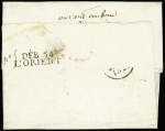 Lettre avec au recto MP "P 54 P Auray" + marque rouge à fleur de lys "Detaxes" et au verso MP "DEB 54 L'Orient" (1827). Ensemble RR et TB