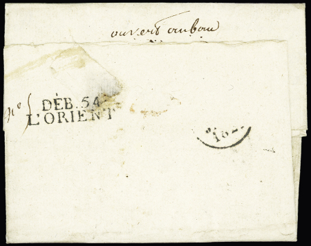 Lettre avec au recto MP "P 54 P Auray" + marque rouge à fleur de lys "Detaxes" et au verso MP "DEB 54 L'Orient" (1827). Ensemble RR et TB