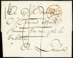 Lettre avec au recto MP "P 54 P Auray" + marque rouge à fleur de lys "Detaxes" et au verso MP "DEB 54 L'Orient" (1827). Ensemble RR et TB