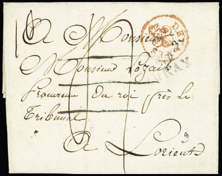 Lettre avec au recto MP "P 54 P Auray" + marque rouge à fleur de lys "Detaxes" et au verso MP "DEB 54 L'Orient" (1827). Ensemble RR et TB