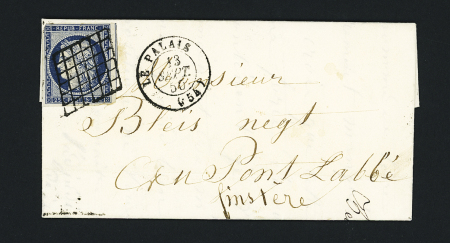 N°4, 25c bleu, OBL grille + T15 "Le Palais (54)" (1850) sur lettre, ind 14. TB