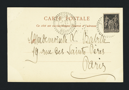 CP illustrée de Belle Ile AFF n°103 OBL CAD perlé B2 "Sauzon Morbihan" (1901) sur carte postale. Rare car bureau ouvert en 1900. TB