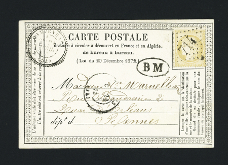 N°59 OBL GC 714 + T24 "Campeneac (54)" (1873) + "BM" dans un ovale sur carte postale précurseur, ind 15. TB