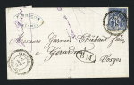 N°90 OBL CAD perlé T25 "Campeneac Morbihan" (1883) répété à côté + "BM" dans un ovale sur lettre, ind 14. TB 