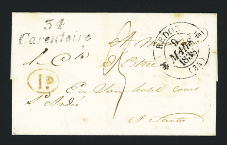 Carentoir : cursive "34 Carentoire" + T12 "Redon (34)" (1838) + décime rural rouge, ind 15. TB