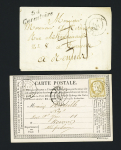Cursive "54 Carentoire" + T14 "Loheac" (1840) + taxe 3 manuscrite rectifiée en taxe 4 sur lettre et n°55 OBL T18 "Carentoir Morbihan" (1876) répété à côté sur carte postale précurseur. TB