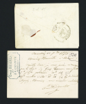 Cursive "54 Carentoire" + T14 "Loheac" (1840) + taxe 3 manuscrite rectifiée en taxe 4 sur lettre et n°55 OBL T18 "Carentoir Morbihan" (1876) répété à côté sur carte postale précurseur. TB
