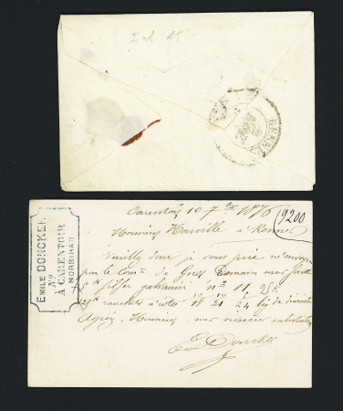 Cursive "54 Carentoire" + T14 "Loheac" (1840) + taxe 3 manuscrite rectifiée en taxe 4 sur lettre et n°55 OBL T18 "Carentoir Morbihan" (1876) répété à côté sur carte postale précurseur. TB