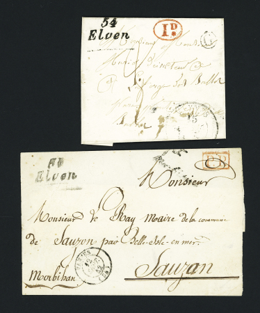 Elven : 2 lettres avec cursive "54 Elven" + T13 Vannes (1838) + boite rurale "G" de Tredion et "PP" encadré rouge + T15 Vannes (1842), ind 10+ et ind 12. TB