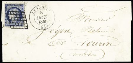 N°3, 25c bleu, OBL grille + T14 "Le Faouet (54)" (1851) sur lettre, ind 19. TB