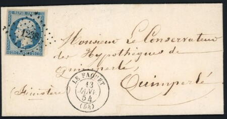 N°10, 25c bleu, OBL PC 1238 + T15 "Le Faouet (54)" (1854) sur lettre. TB