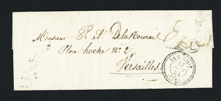 Lettre sans timbre avec T22 "La Gacilly (54)" (1854) + taxe 25 double-trait + boite rurale "E" de l'Ermitage, non signalé par Chevalier car considéré comme impossible ou improbable. TB