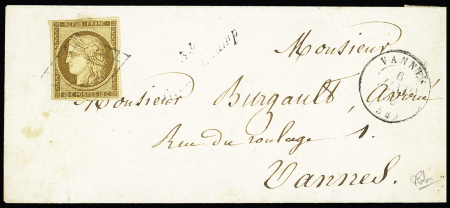 Grand-Champ : n°1, 10c bistre-jaune OBL grille + cursive "54 Grand-Champ" + T15 Vannes (1852) sur lettre, ind 21