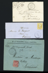 3 lettres : n°13 OBL PC 1429 + T22 Grand-Champ (54)" (1858), lettre en franchise de juge avec T24 "Grand-Champ (54)" (1871) et n°98, 50c Sage rose, OBL CAD type A2 "Grand-Champ Morihan" (1896) sur lettre chargée (VD 1