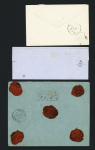 3 lettres : n°13 OBL PC 1429 + T22 Grand-Champ (54)" (1858), lettre en franchise de juge avec T24 "Grand-Champ (54)" (1871) et n°98, 50c Sage rose, OBL CAD type A2 "Grand-Champ Morihan" (1896) sur lettre chargée (VD 1