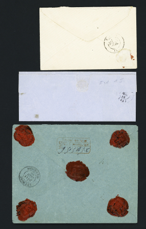 3 lettres : n°13 OBL PC 1429 + T22 Grand-Champ (54)" (1858), lettre en franchise de juge avec T24 "Grand-Champ (54)" (1871) et n°98, 50c Sage rose, OBL CAD type A2 "Grand-Champ Morihan" (1896) sur lettre chargée (VD 1