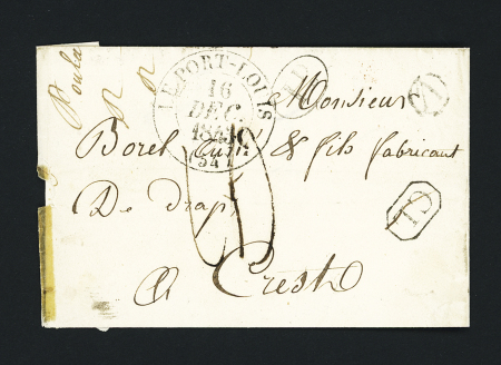 Groix : lettre avec T13 "Le Port Louis (54)" (1843) + "CL" noir + boite rurale "B", ind 21. TB