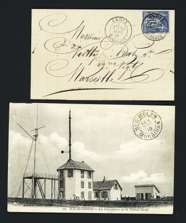 N°90 OBL CAD T15 "Groix Morbihan" (1881) sur lettre + carte postale illustrée avec vue du Sémaphore de la pointe ouest et CAD du Sémaphore "Bec-Melen Morbihan" (1919). TB