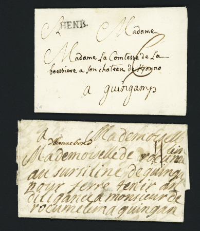 Hennebont : 2 plis : MP manuscrite "Hennebont" (L n°1, 1709) et MP "Henb" (L n°2A - 1763), ind 12 et ind 9. TB