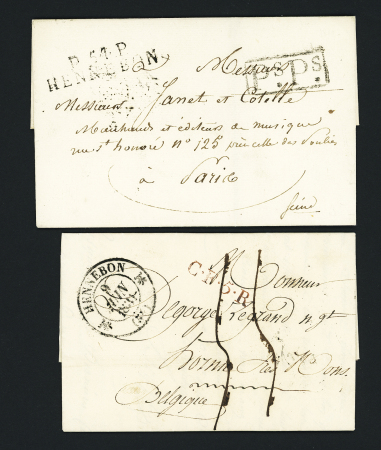 2 lettres : 3 P 54 Hennebon" (1818 - ind 12) et T12 "Hennebon (54)" (1831) + marque rouge d'échange "CF5R" + taxe manuscrite 55. TB