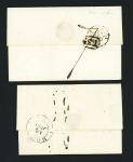 2 lettres : 3 P 54 Hennebon" (1818 - ind 12) et T12 "Hennebon (54)" (1831) + marque rouge d'échange "CF5R" + taxe manuscrite 55. TB
