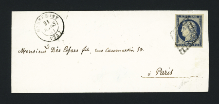 N°4 OBL grille + T15 "Hennebont (54)" (1851) sur lettre, ind 13. TB