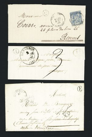 3 lettres avec boites rurales dépendant d'Hennebont "A" (Plouey - 1837), "E" (Languidic - 1861) et "C" (Kervignac - 1890 AFF n°90). TB