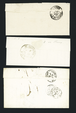 3 lettres avec boites rurales dépendant d'Hennebont "A" (Plouey - 1837), "E" (Languidic - 1861) et "C" (Kervignac - 1890 AFF n°90). TB