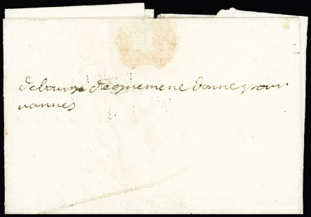 Guéméné : lettre "P" couronné de Paris pour Vannes avec au verso très rare marque manuscrite "Déboursé de Guéméné bonne pour Vannes" (L n°1 - vers 1771). TB