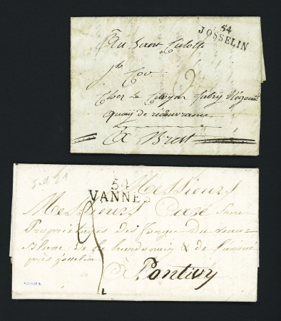 2 lettres : MP "54 Josselin" adressée à un Sans-Culotte à Brest (ind 15 - An 3) et MP "Deb 54 Josselin" (1822 - ind 21). Ensemble rare et TB