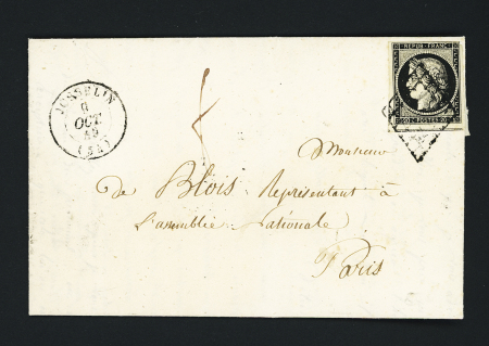 N°3 OBL grille + T15 "Josselin (54)" (1849), ind 16, sur lettre. TB