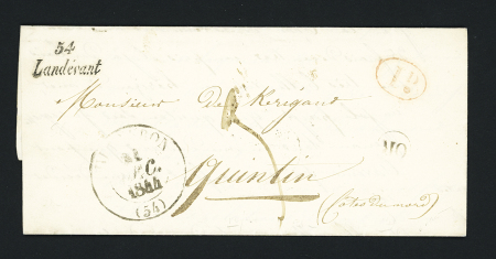 Landévant : cursive "54 Landévant" + T13 "Hennebon (54)" (1844) + décime rural, ind 14. TB