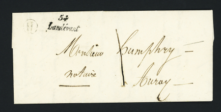 Cursive "54 Landévant" + taxe 1 manuscrite + boite rurale "H" de Belz (1851), ind 14+. TB