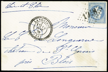 Languidic : N°29 OBL GC 1848 + T24 "Languidic (54)" (1870 sur lettre, ind 19. Rare et TB