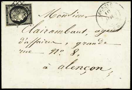 N°3, leg touché, OBL grille + T14 "Locminé (54)" (1849), ind 26. RR