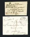 Malestroit : 2 lettres : cursive "54 Malestroit Ploermel" (1827 - ind 18) + taxe 4 manuscrite et cursive "54 Malestroit" + T12 Ploermel (1836 - ind 11). Bel ensemble