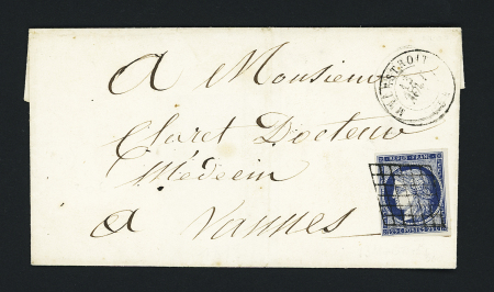 N°4 OBL grille + T15 Malestroit (1851) sur lettre, ind 18. TB