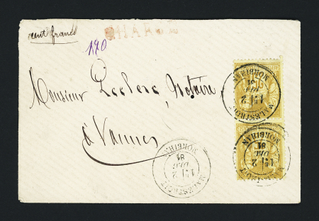 N°92, 25c Sage en paire OBL T18 "Malestroit Morbihan" (1881) sur lettre chargée (VD 100F). TB