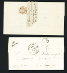 Mauron : 2 lettres : cursive "54 Mauron" + T12 "Ploermel (54)" (1841) + décime rural noir (ind 15) et n°51 OBL T16 Mauron (1874) sur avertissement des impôts sous bande. TB