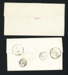 Mauron : 2 lettres : cursive "54 Mauron" + T12 "Ploermel (54)" (1841) + décime rural noir (ind 15) et n°51 OBL T16 Mauron (1874) sur avertissement des impôts sous bande. TB