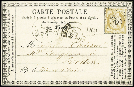 Molac : n°59 OBL PC du GC 4385 + T17 "Molac (54)" (1874) + "OR" de Villeneuve sur carte postale précurseur, ind 21. RR et TB