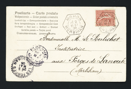Mohon : n°129 OBL hex à cercle intérieur pointillé "Mohon Morbihan" (1906) répété à côté (type C2 - recette auxiliaire rurale) sur carte postale. TB