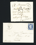 4 lettres : MP "P 54 P Musillac" (1813 - ind 15), MP "54 Musillac" (37 x 11 mm - 1829 - ind 12), "54 Musillac" (1818 - "MU" décalé en hauteur) et n°60 OBL T16 "Muzillac (54)" (1876) répété à côté sur une petite 