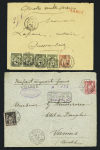 Peillac : type Sage : n°70 + 72 en bande de 4 OBL T18 "Peillac Morbihan" (1886) sur lettre chargée (VD 4000F) et n°97 + 98 OBL CAD type A2 "Peillac Morbihan" (1900) sur lettre chargée (VD 950F) avec cachet descriptif