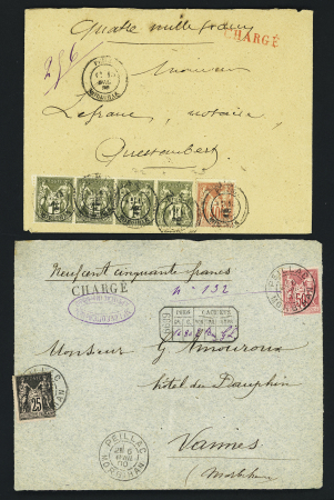 Peillac : type Sage : n°70 + 72 en bande de 4 OBL T18 "Peillac Morbihan" (1886) sur lettre chargée (VD 4000F) et n°97 + 98 OBL CAD type A2 "Peillac Morbihan" (1900) sur lettre chargée (VD 950F) avec cachet descriptif