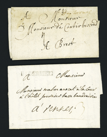 Ploermel : 4 lettres : "De Ploermel" (manuscrite - 1705 - L n°1, ind 13), "Poermel" (L n°3 - 1759 - ind 14) "Ploermel" (L n°4 - 1766 - ind 10) - "Ploermel" (L n°5 - 1789 - ind 9 - ex. collection Dubus). TB