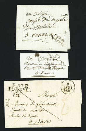 3 MP : "54 Ploermel" (33 x 8 - An 11 - ind 10), "P 54 P Ploermel" (An 10 - ind 15), "P 54 P Ploermel" (avec dateur A 1831 - ind 12). TB