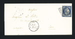 N°4, 25c bleu, OBL grille + T15 "Ploermel (54)" (1850) sur lettre, ind 12. TB