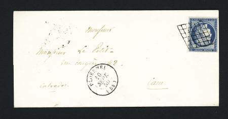 N°4, 25c bleu, OBL grille + T15 "Ploermel (54)" (1850) sur lettre, ind 12. TB